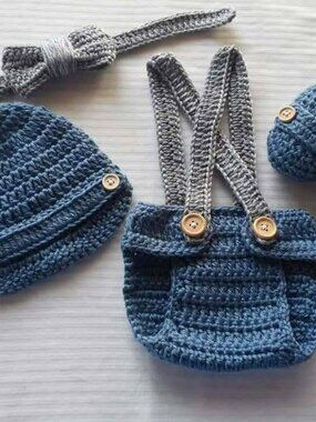 Crochet Baby Boy Suspenders Newsboy Hat Diaper Cover Outfit Photo Prop